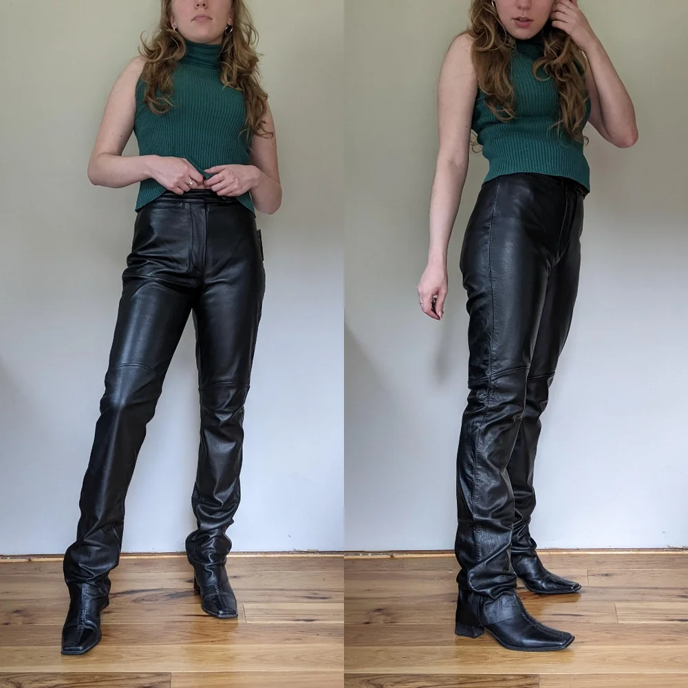 Vintage High Waisted Black Leather Pants - Picture 2 of 5